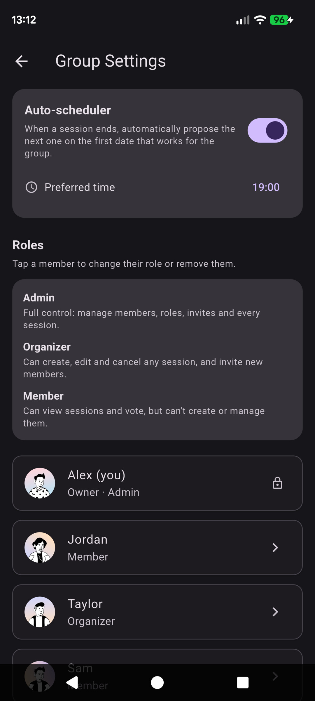 Group settings screen with the auto-scheduler turned on and a preferred time set.