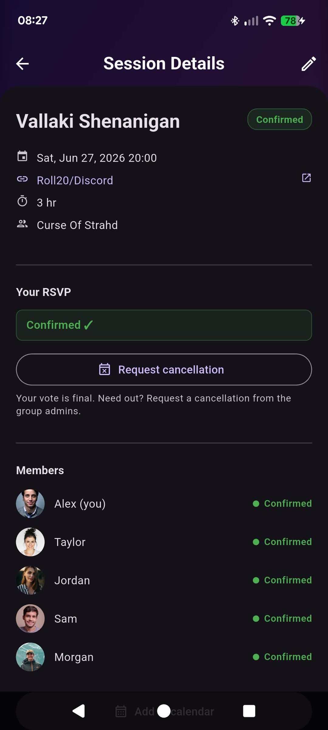 Session details screen in the confirmed state with the locked-in date.