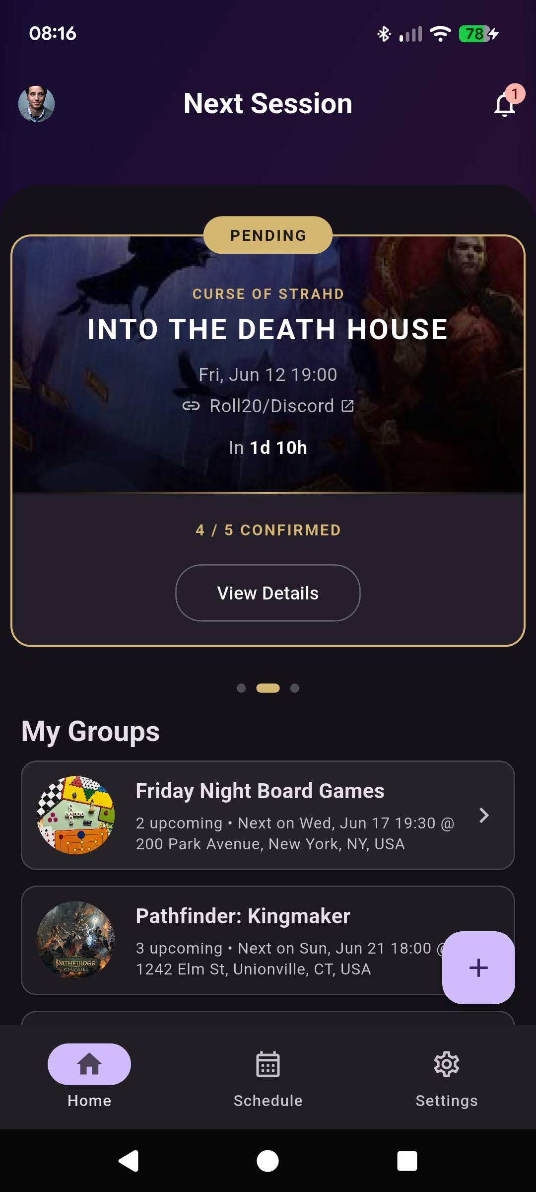 Next Session home screen showing the “Next up” card and a list of groups.