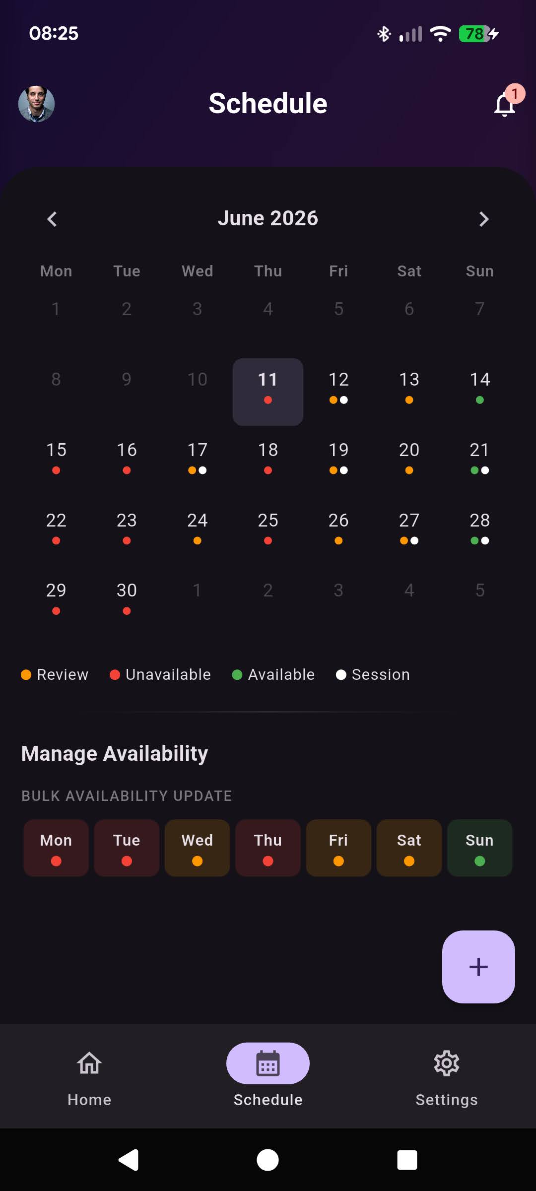 Schedule tab showing a month calendar with the group availability legend.