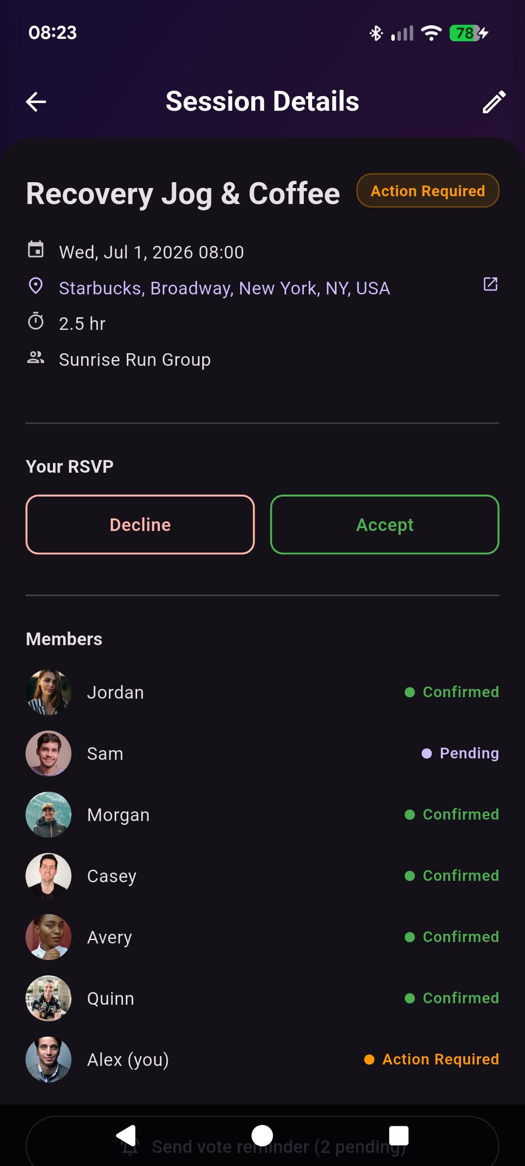 Session vote screen showing candidate dates with Accept and Decline actions.